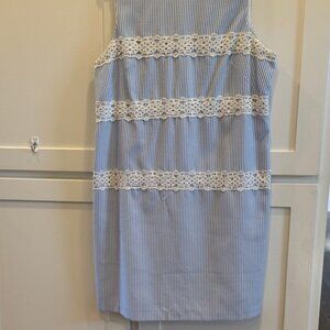 brand, blue & white seersucker dress w/white embroidery